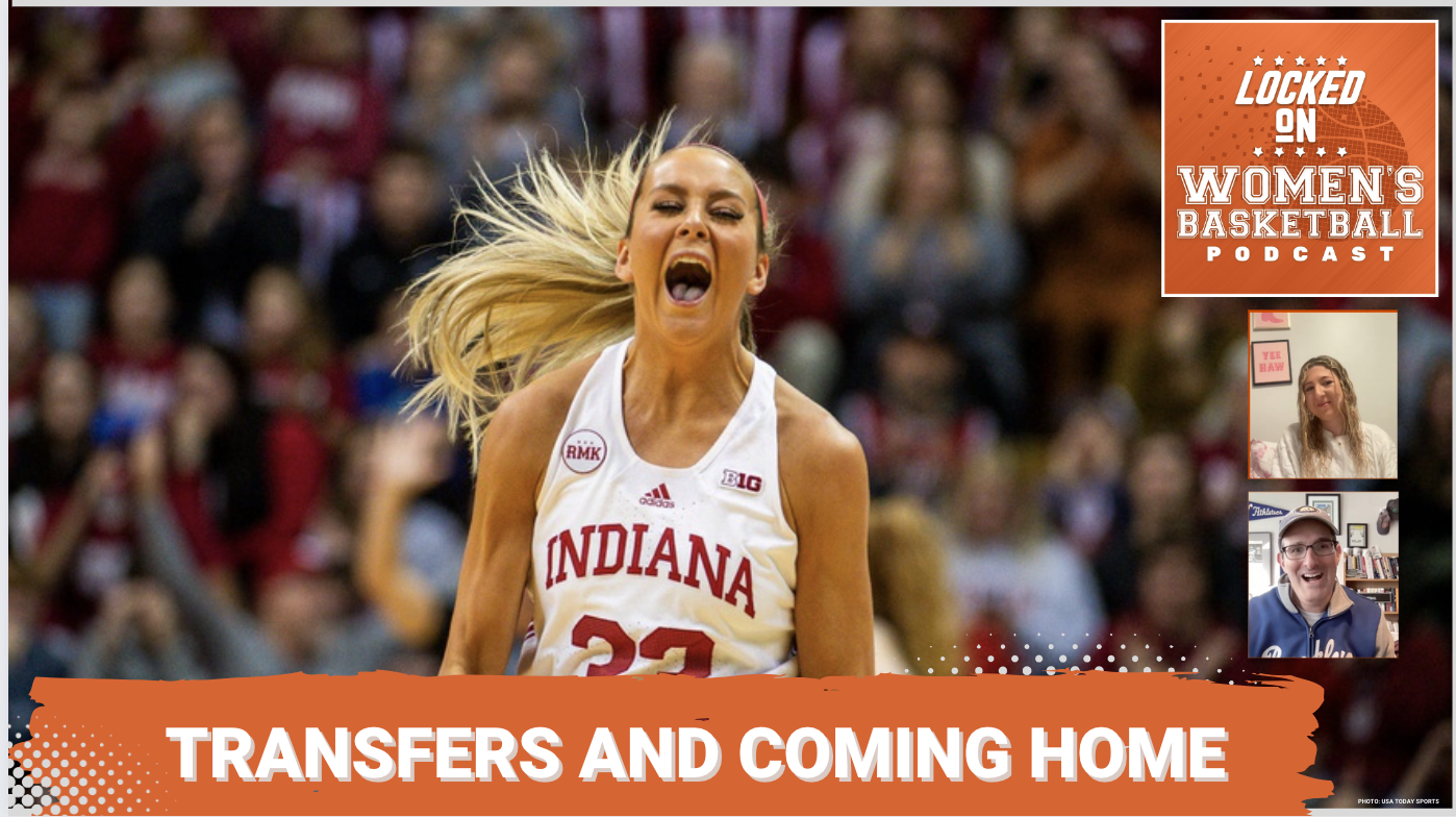 A close-up photo of Indiana's Sydney Parrish with her eyes closed and mouth open in celebration. The text "Transfers and coming home" is overlaid at the bottom in all caps, and the orange Locked On Women's Basketball logo is in the top right corner.